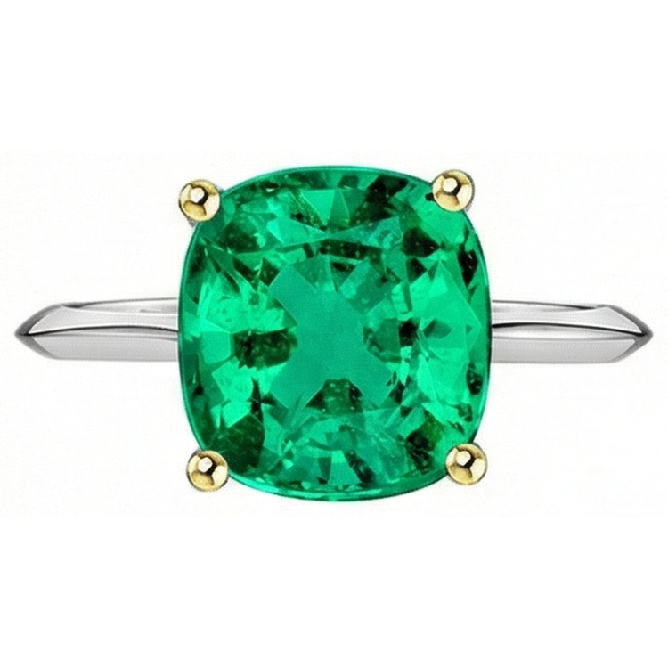 Taille Coussin Émeraude Fine bague en Or Bicolore 14 Carats – vue d'angle