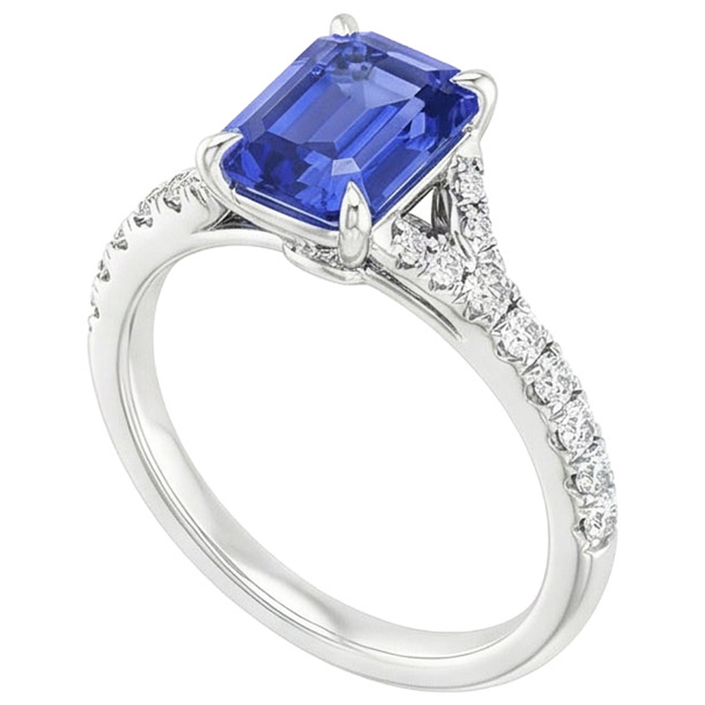 Saphir Bleu Royal Taille Émeraude Bague Pierre de Couleur en Or Blanc 14 Carats – vue de face