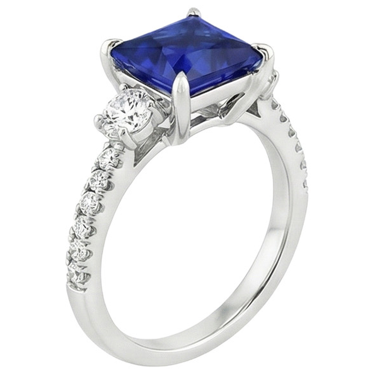 Solitaire Saphir Bleu Avec Accents Pierres Précieuses Taille Princesse 6.25 Carats