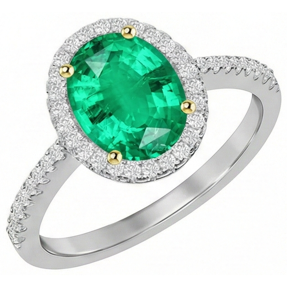 Émeraude Fine Taille Ovale Bague Pierre Précieuse en Or Bicolore 14 Carats – vue de face