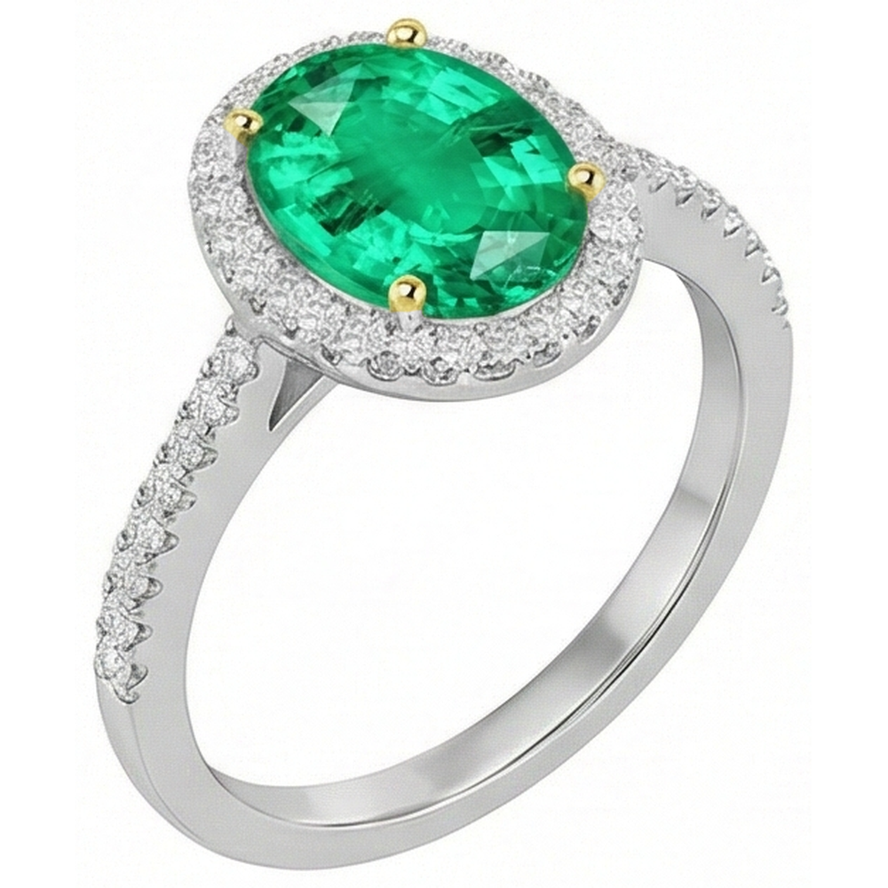 Émeraude Fine Taille Ovale Bague Pierre Précieuse en Or Bicolore 14 Carats – vue d'angle