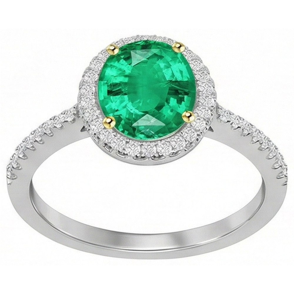 Émeraude Fine Taille Ovale Bague Pierre Précieuse en Or Bicolore 14 Carats – vue de côté
