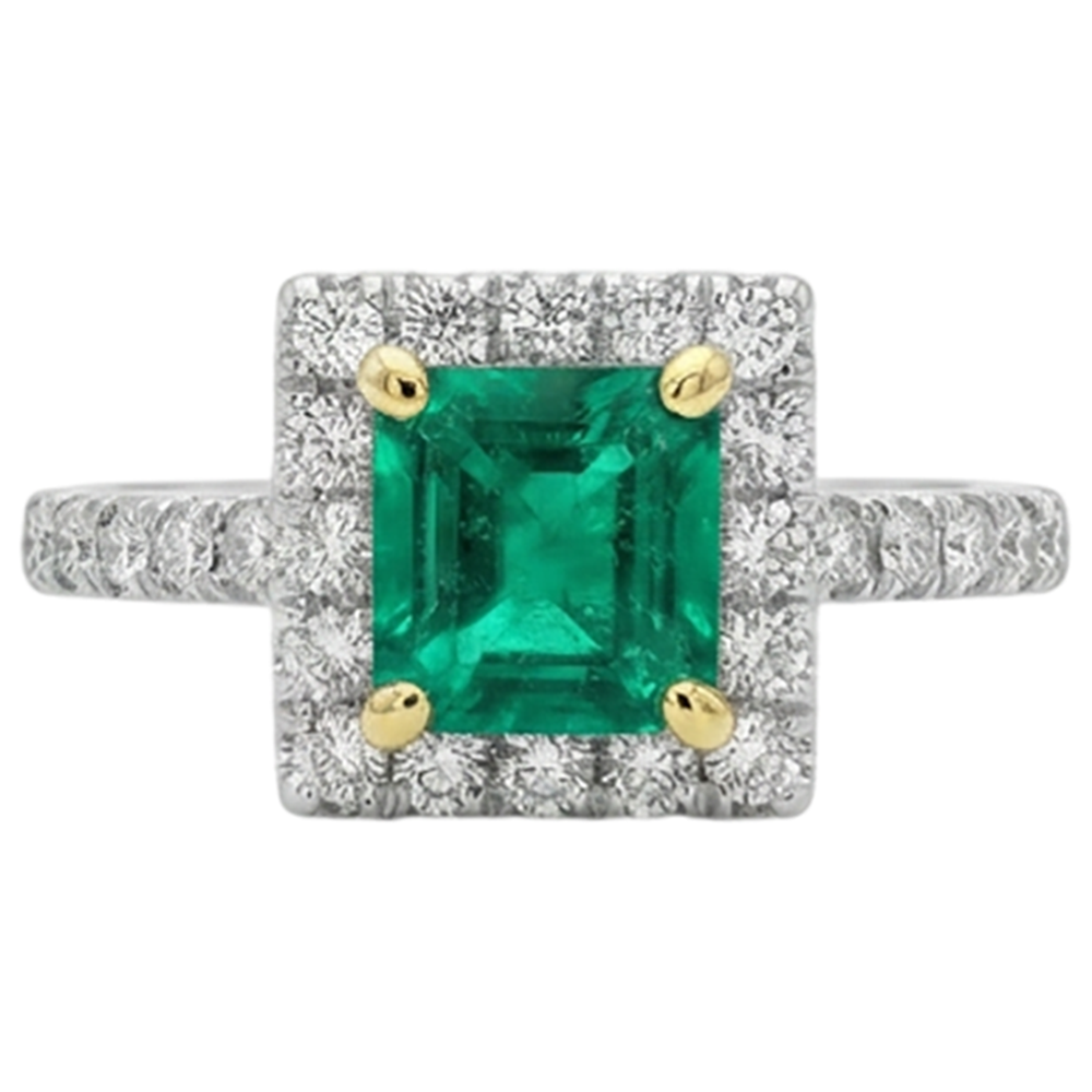 Émeraude Fine Bague Pierre de Couleur 3-carats Or 14K Bicolore – vue de face
