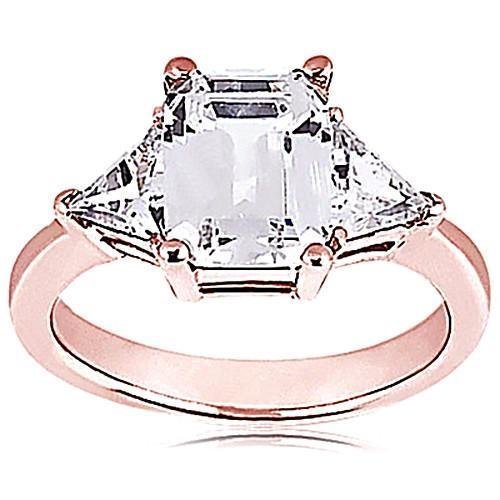 Taille Emeraude 3.51 Ct. Bague Réel Diamant Anniversaire 3 Pierres Or Rose 14K