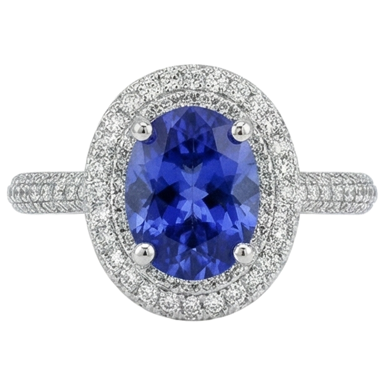 Tanzanite Bleue Avec Diamants 10.75 Ct Alliance Or Blanc 14K