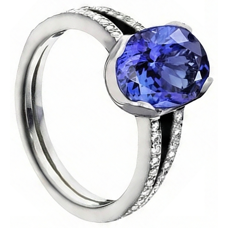 Tanzanite Ovale Et Diamants Naturels Extraits des Mines ( et non cultivés en laboratoire ) Ronds 3.75 Carat Bijoux Bague De Pierres Précieuses