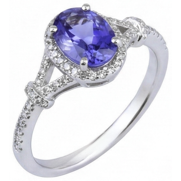 Tanzanite ovale et diamants ronds 3.60 ct. Alliance Or Blanc