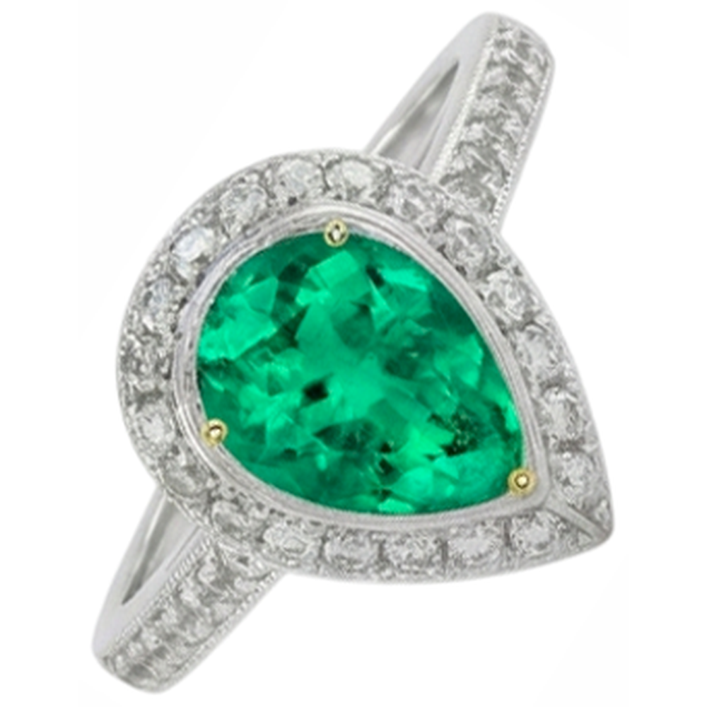 Émeraude Fine Goutte Bague Pierre Précieuse en Or 14K Bicolore – vue de dessus