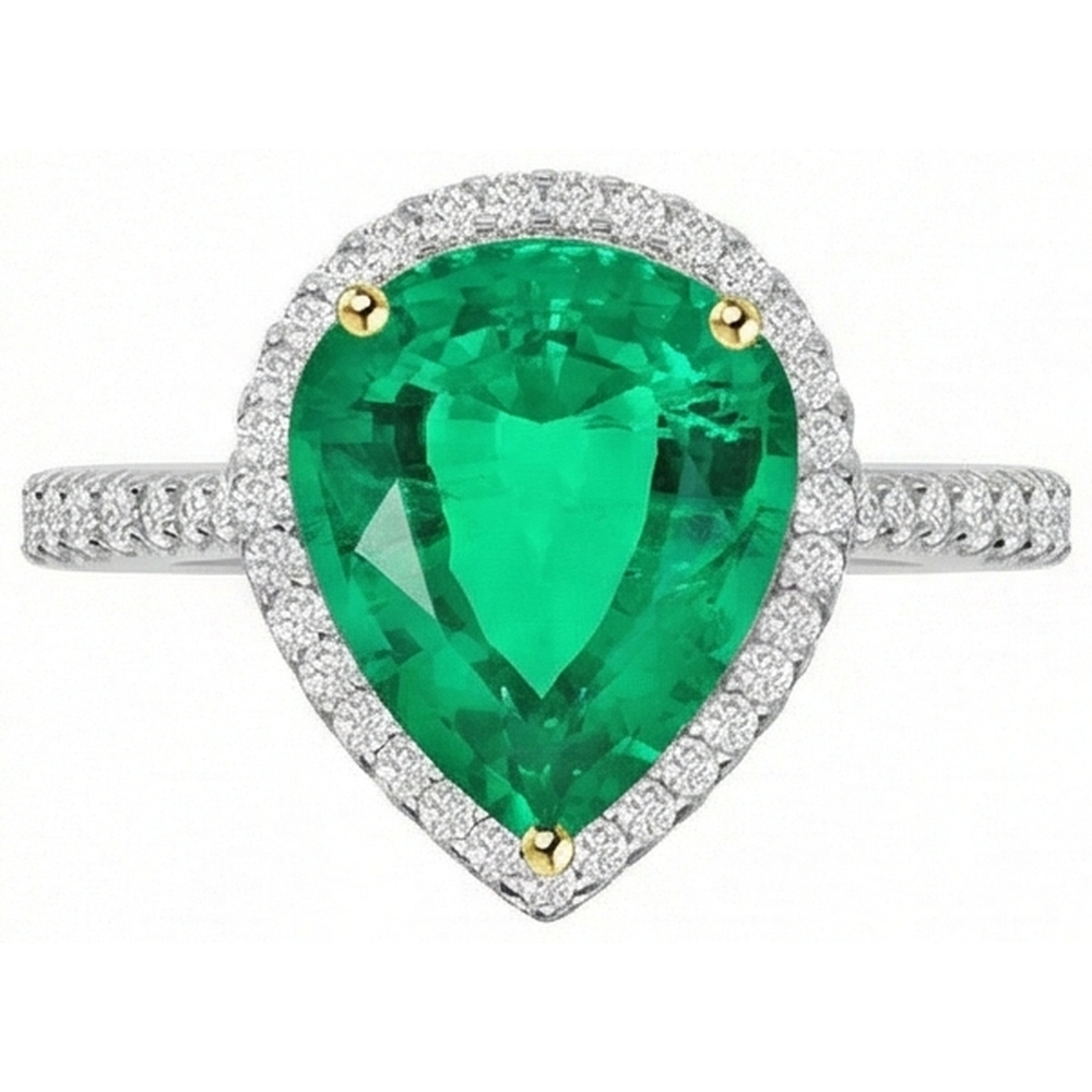 Taille Poire Émeraude Fine bague en Or 14K Bicolore – vue de face
