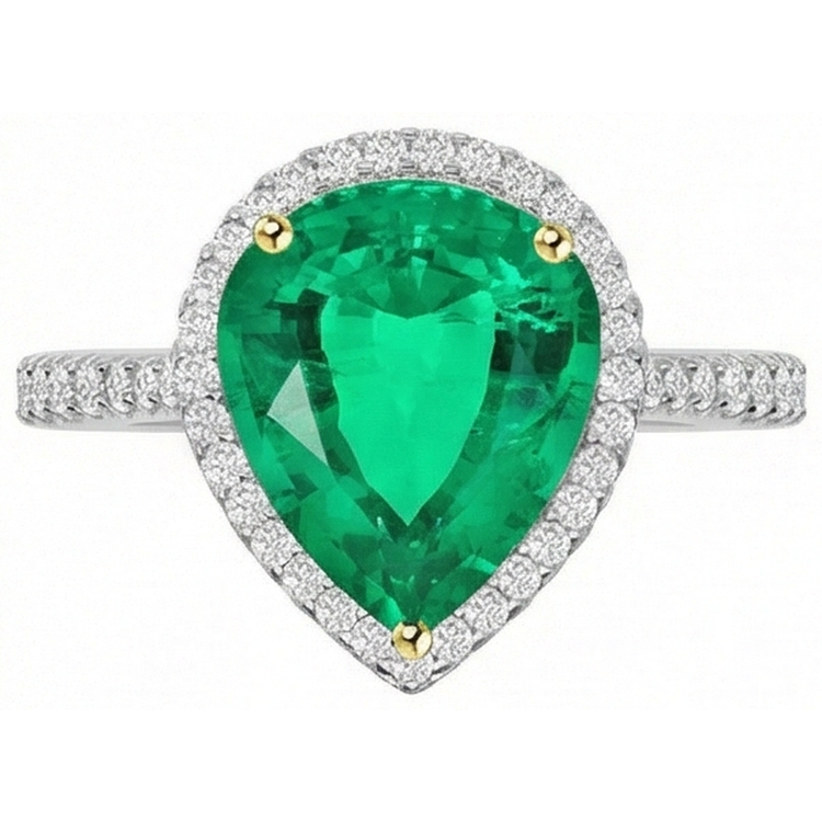 Taille Poire Émeraude Fine bague en Or 14K Bicolore – vue de face