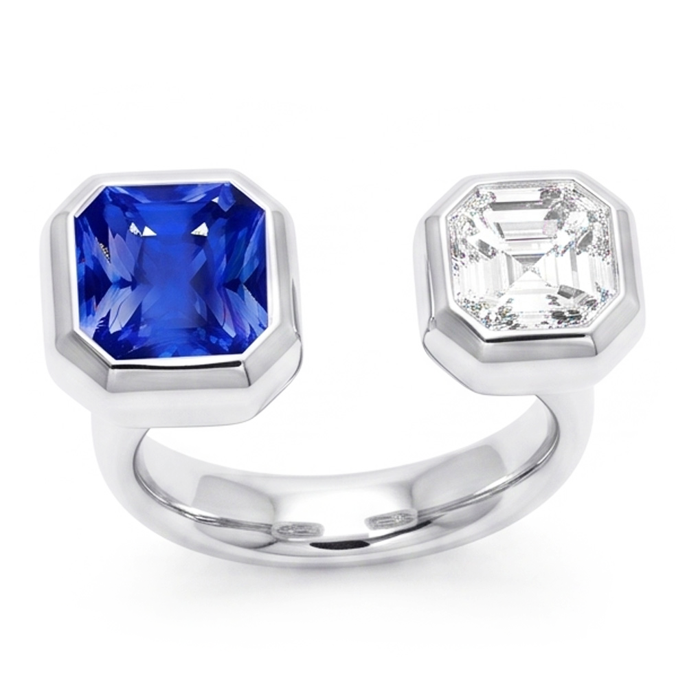 Toi et Moi Asscher Bague Diamant Serti Lunette Saphir Radiant 2.50 Carats