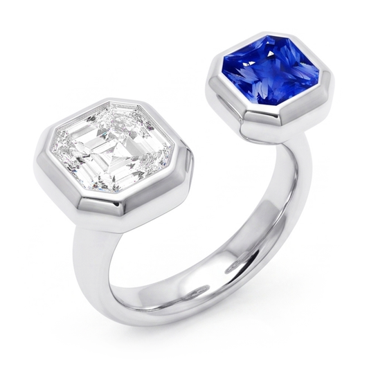 Toi et Moi Asscher Bague Diamant Serti Lunette Saphir Radiant 2.50 Carats