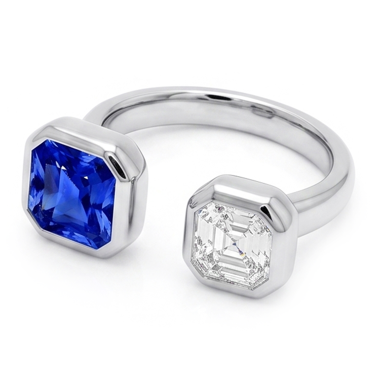 Toi et Moi Asscher Bague Diamant Serti Lunette Saphir Radiant 2.50 Carats