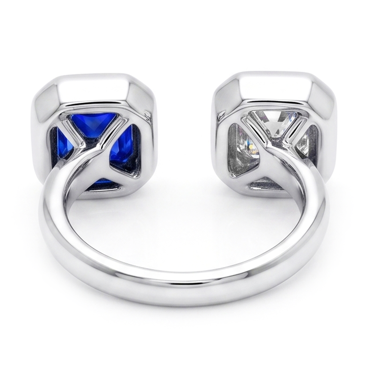 Toi et Moi Asscher Bague Diamant Serti Lunette Saphir Radiant 2.50 Carats