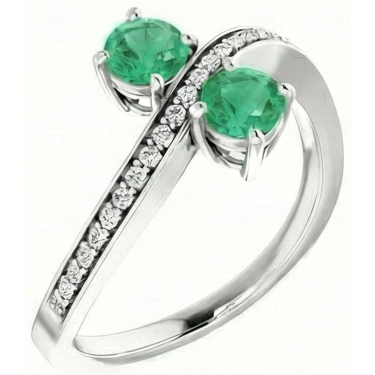 Toi et Moi Bague Ronde Vert Emeraude 2.60 Carats Diamant Naturels Extraits des Mines ( et non cultivés en laboratoire ) Or Blanc 14K