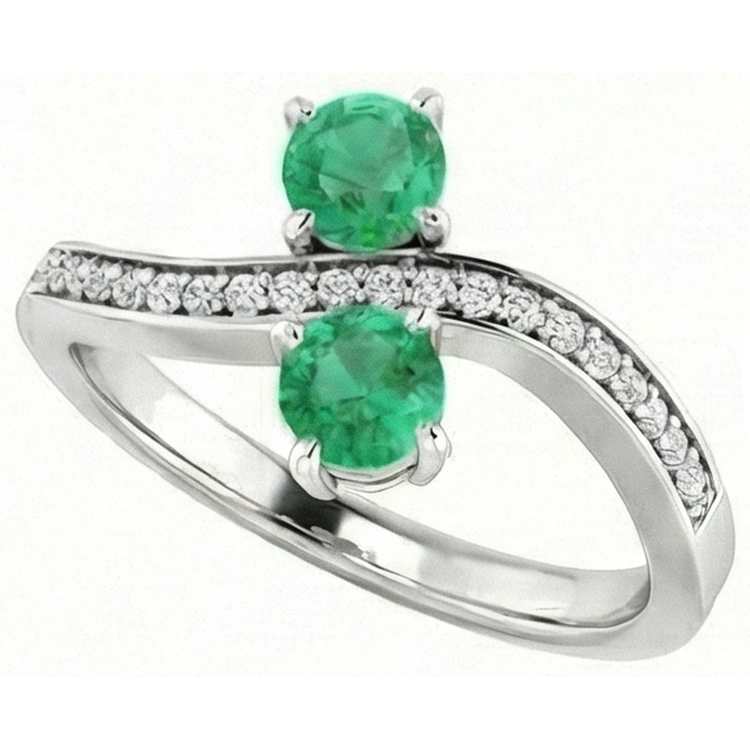 Toi et Moi Bague Ronde Vert Emeraude 2.60 Carats Diamant Naturels Extraits des Mines ( et non cultivés en laboratoire ) Or Blanc 14K