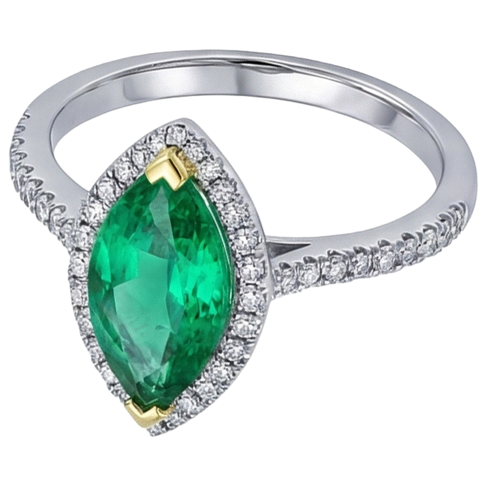 Marquise Émeraude Colombienne bague en Or Bicolore 14 Carats – vue de côté