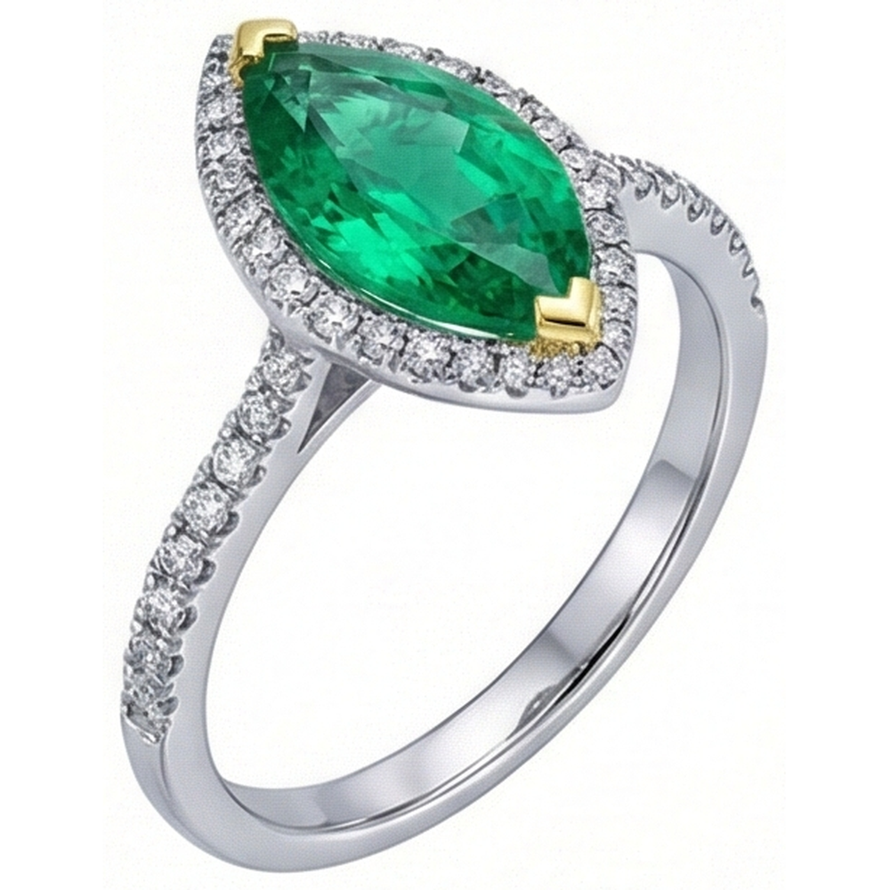 Marquise Émeraude Colombienne bague en Or Bicolore 14 Carats – vue de face