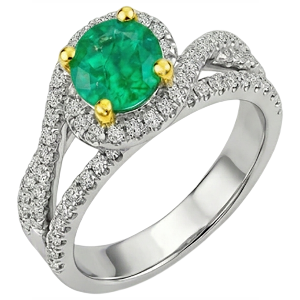 Taille Brillant Émeraude bague en Or 14K Bicolore – vue d'angle