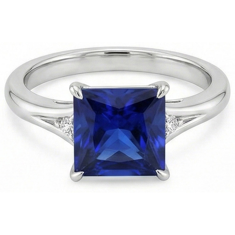 Trois pierres saphir bleu et diamant 5.25 carat princesse