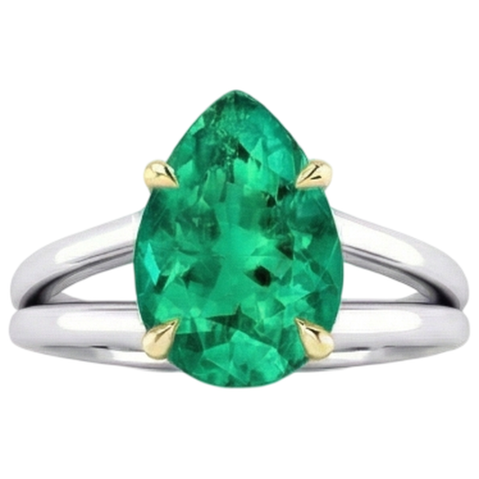 Bague avec Gemme Or Bicolore 14 Carats avec Émeraude Fine – vue de face