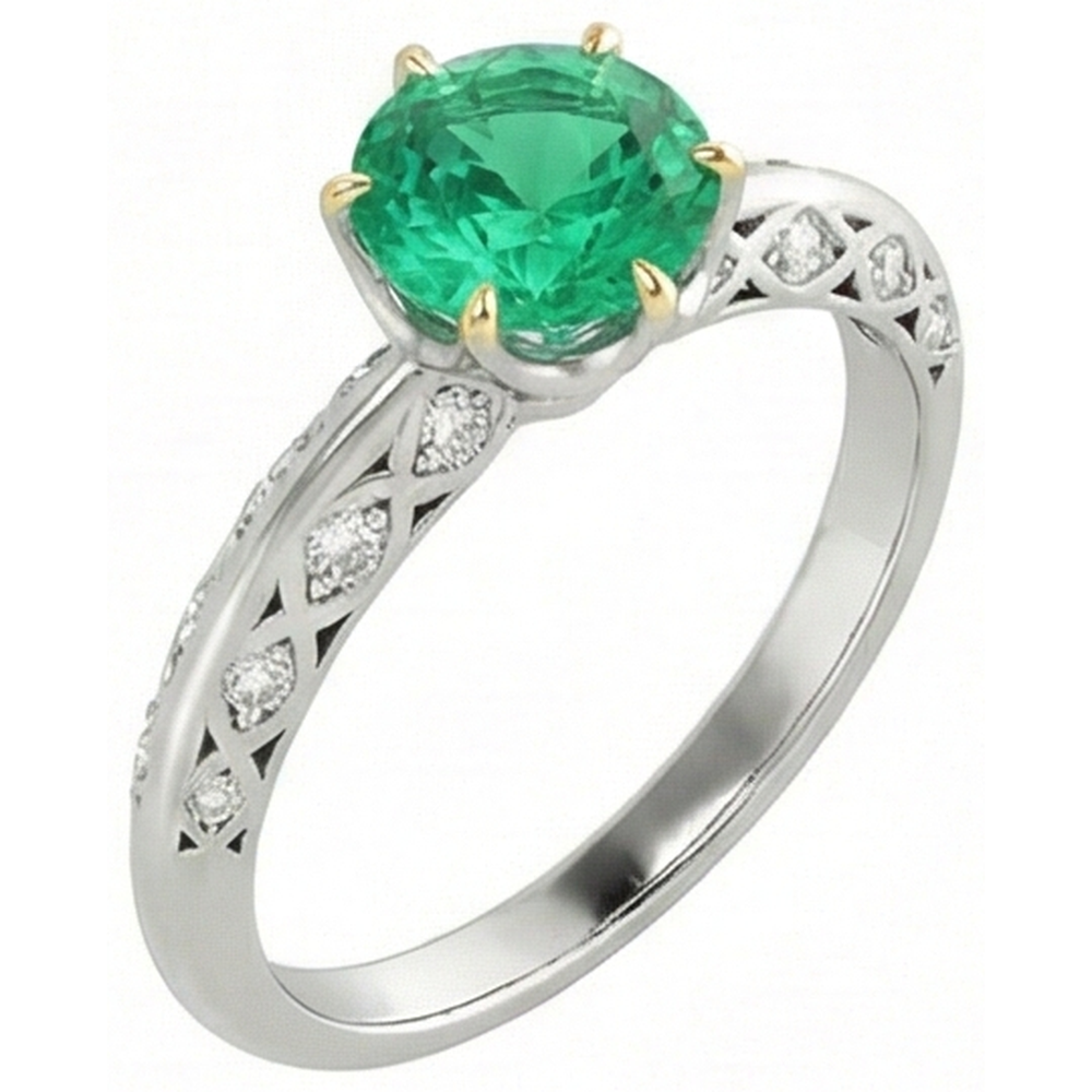 Émeraude Fine Taille Brillant Bague Pierre Précieuse en Or Deux Tons 14 Carats – vue d'angle