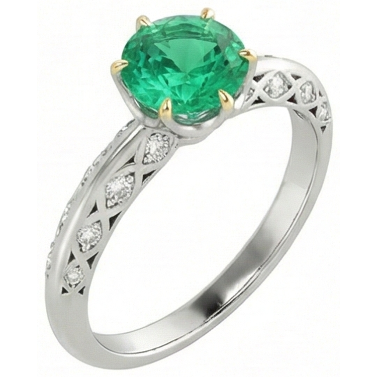 Émeraude Fine Taille Brillant Bague Pierre Précieuse en Or Deux Tons 14 Carats – vue d'angle
