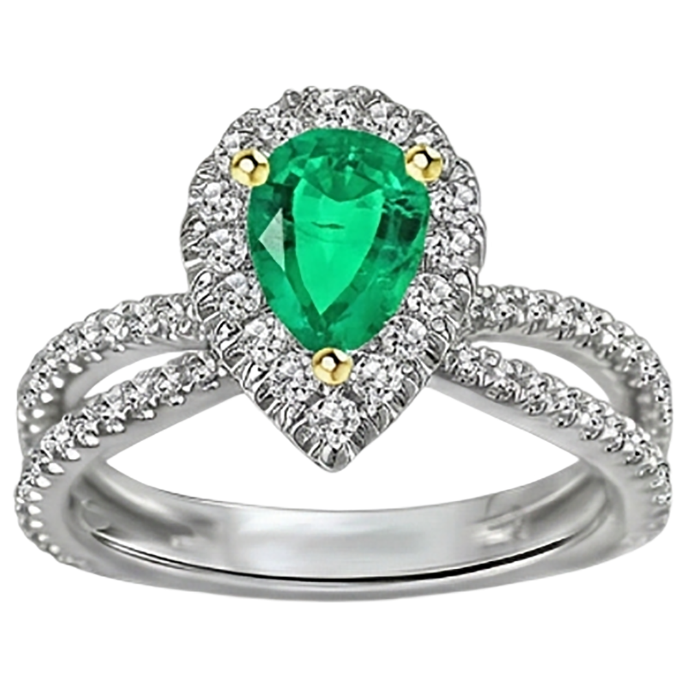 Taille Poire Émeraude bague en Or Bicolore 14 Carats – vue de côté