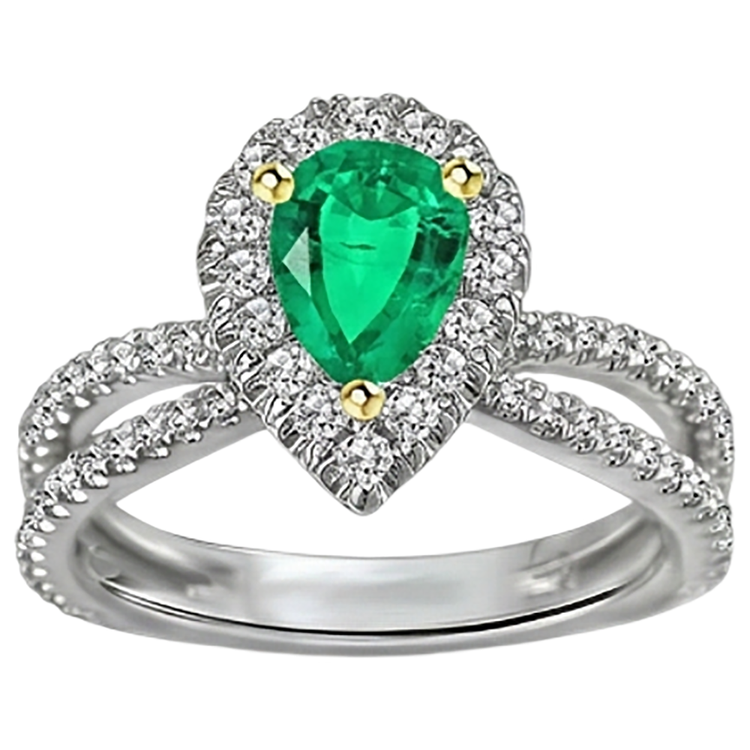 Taille Poire Émeraude bague en Or Bicolore 14 Carats – vue de côté