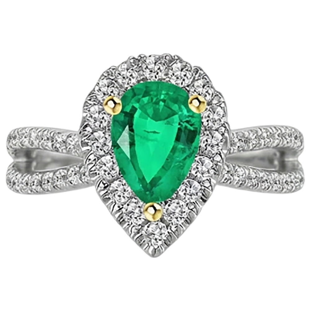 Taille Poire Émeraude bague en Or Bicolore 14 Carats – vue de face