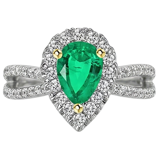 Taille Poire Émeraude bague en Or Bicolore 14 Carats – vue de face