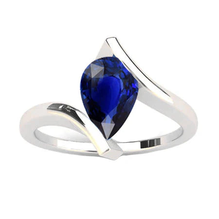 Goutte Saphir Bleu Bleuet bague en Or Blanc 14 Carats – vue de côté