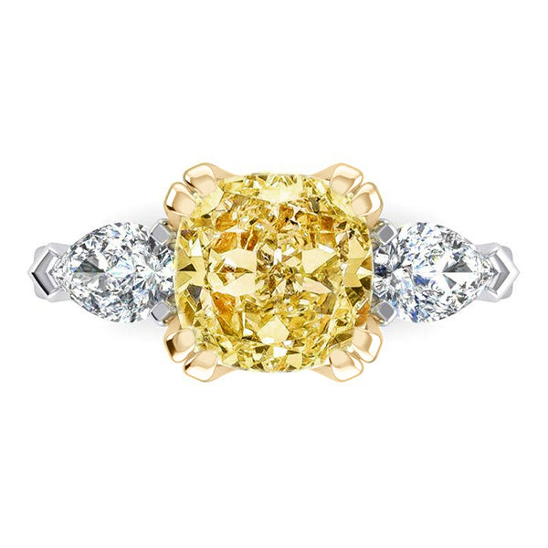 Véritable Coussin Jaune Canari Bague Terre Naturelle Extraite Poire Diamants Or 14K