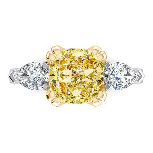 Véritable Coussin Jaune Canari Bague Terre Naturelle Extraite Poire Diamants Or 14K