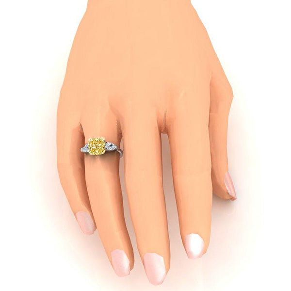 Véritable Coussin Jaune Canari Bague Terre Naturelle Extraite Poire Diamants Or 14K