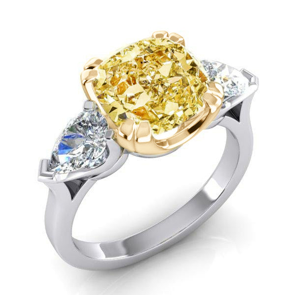 Véritable Coussin Jaune Canari Bague Terre Naturelle Extraite Poire Diamants Or 14K