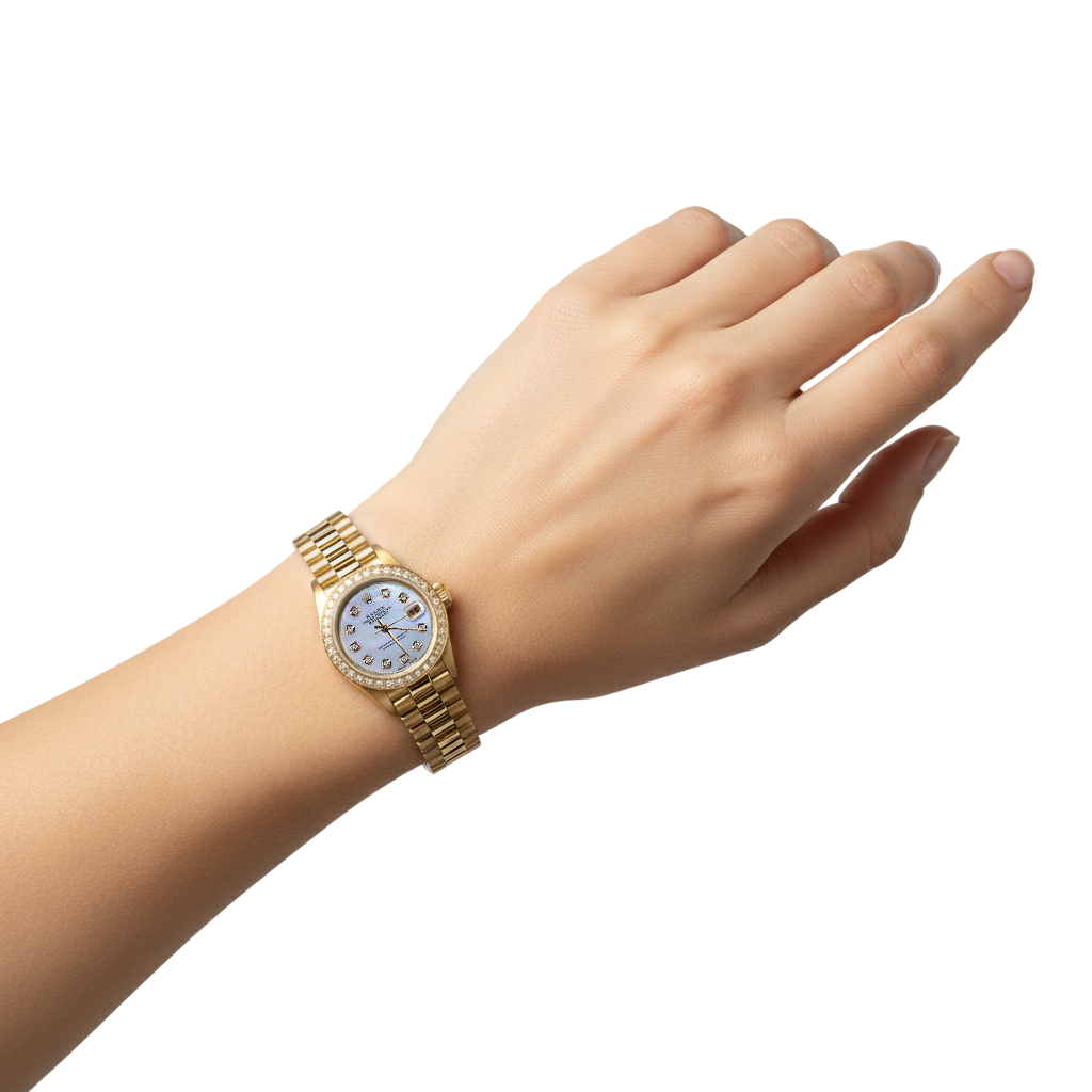 Vadrouille diamant Cadran Rolex still Présidentiel Lunette Montre Or Jaune Femme