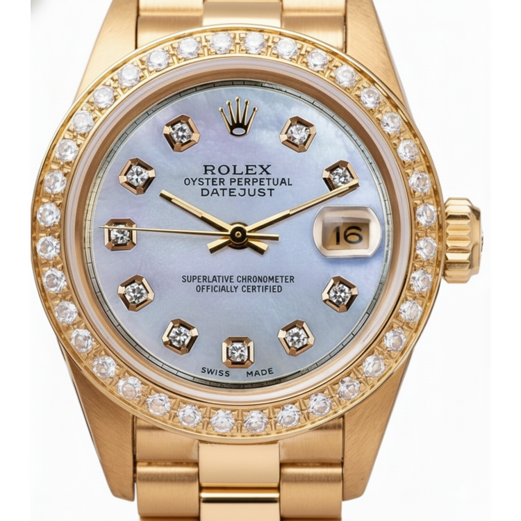 Vadrouille diamant Cadran Rolex still Présidentiel Lunette Montre Or Jaune Femme