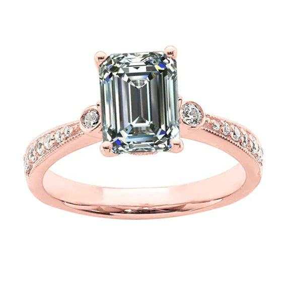 Véritable Bague De Style Antique Avec Diamants émeraude De 3 Carats