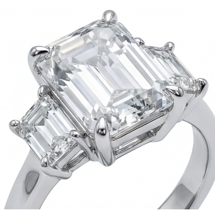 Véritable Bague Diamant émeraude 7 Carats 3 Pierres