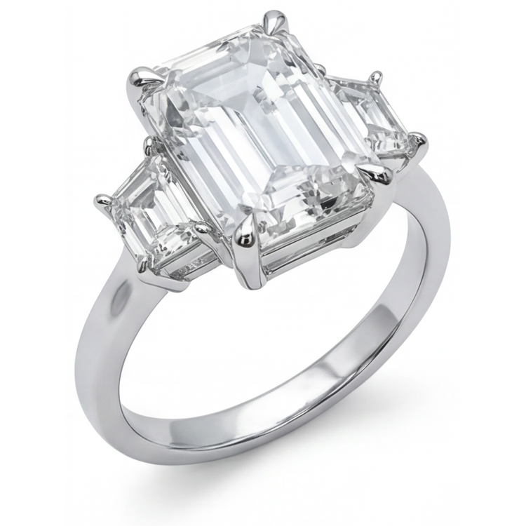 Véritable Bague Diamant émeraude 7 Carats 3 Pierres