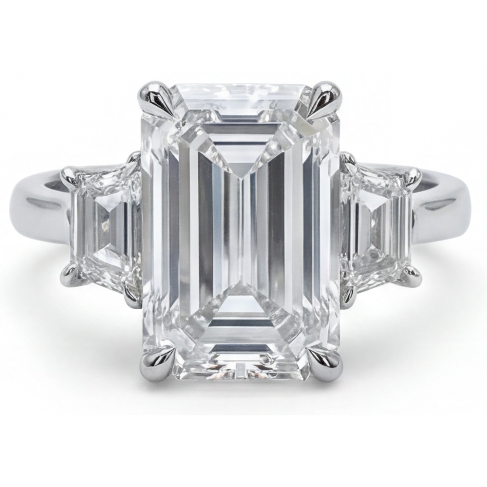 Véritable Bague Diamant émeraude 7 Carats 3 Pierres