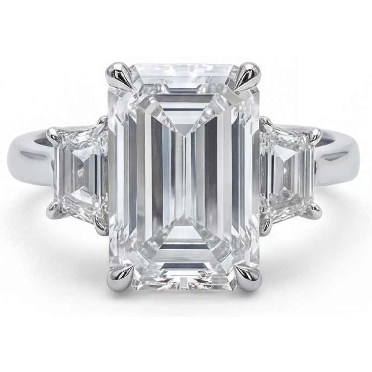 Véritable Bague Diamant émeraude 7 Carats 3 Pierres
