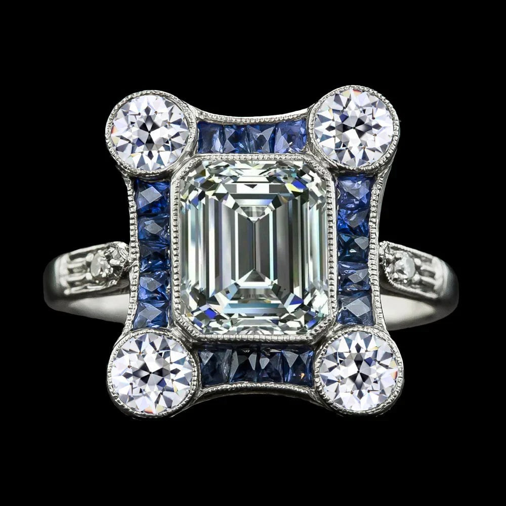 Véritable Diamant  Bague Halo Émeraude Art Déco 10 Carats
