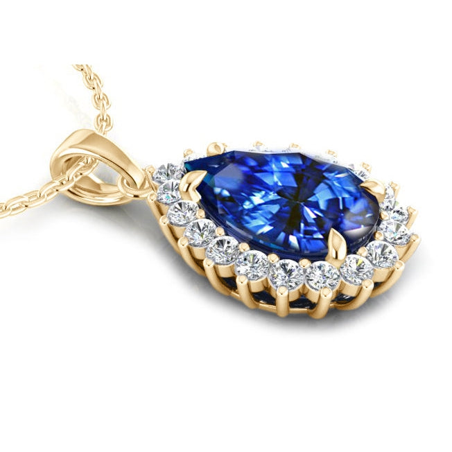 Véritable Larme Forme Bleu Saphir Pendentif Avec Diamants