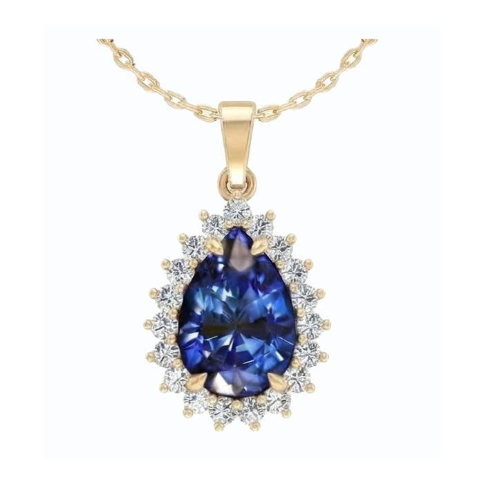 Véritable Larme Forme Bleu Saphir Pendentif Avec Diamants
