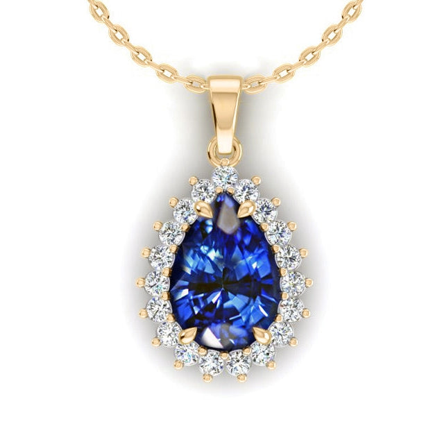 Véritable Larme Forme Bleu Saphir Pendentif Avec Diamants
