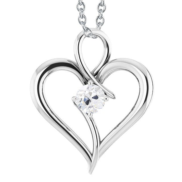 Véritable Pendentif diamant en forme de coeur en or solitaire rond ancien mineur 1 carat