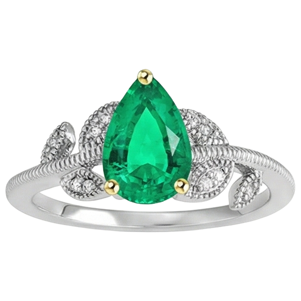 Émeraude Fine Goutte Bague Pierre de Couleur en Or Deux Tons 14 Carats – vue de côté