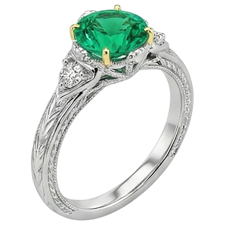 Émeraude Fine Taille Brillant Bague Pierre Précieuse en Or Bicolore 14 Carats – vue de dessus